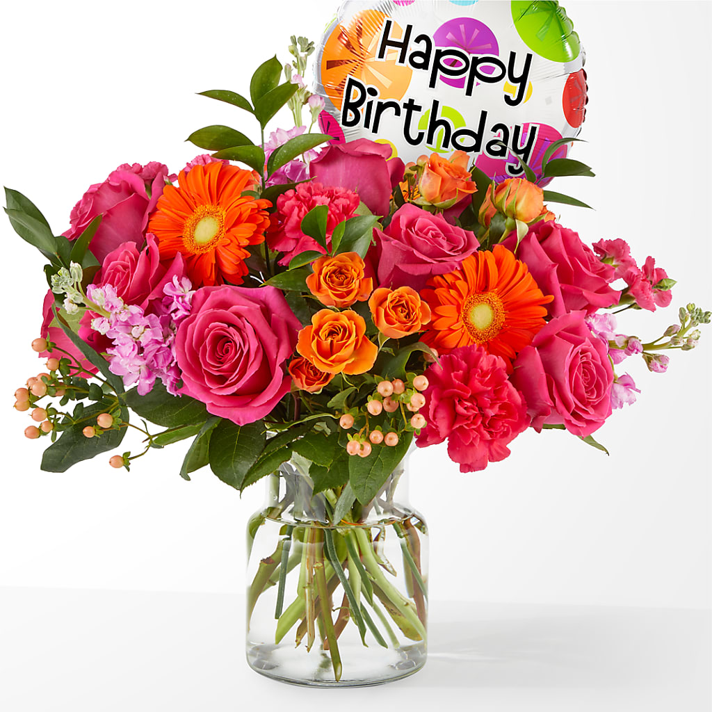 Fiesta Bouquet with Birthday Balloon – Gibsonia Flowers, Lakeland FL